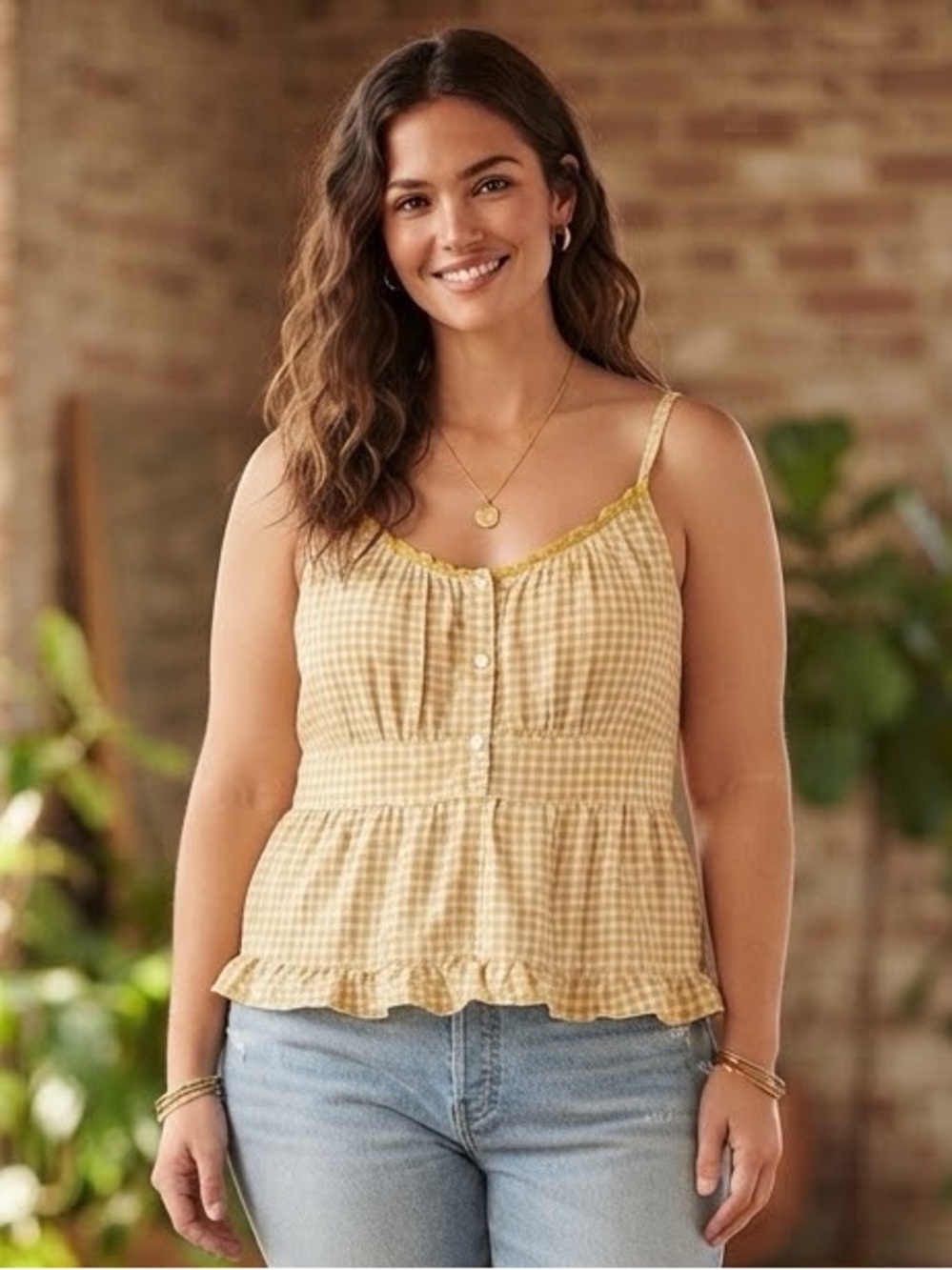Lily White Yellow Gingham Button-Front Ruffle Cami size 1X